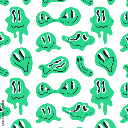 Trippy melting distorted neon green smiles seamless pattern. Funny unreal acid emoticons faces. Psychedelic vector design. Cartoon neon print for clothes, fabric, paper, cover, interior decor. 