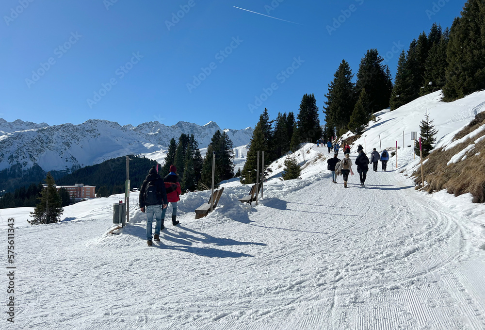 Excellently arranged and cleaned winter trails for walking, hiking, sports and recreation in the area of the Swiss tourist winter resort of Arosa - Canton of Grisons, Switzerland (Schweiz) Excellently arranged and cleaned winter trails for walking, hiking, sports and recreation in the area of the Swiss tourist winter resort of Arosa - Canton of Grisons, Switzerland (Schweiz)