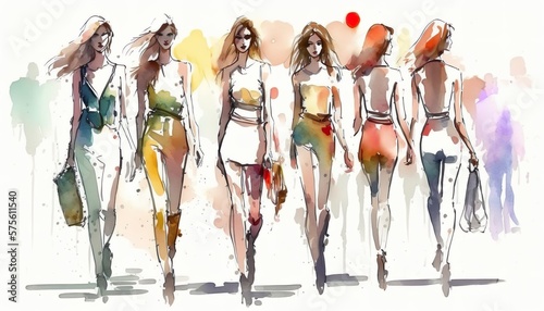 summer female fashion show, young woman on a catwalk, people art, watercolor illustration. Generative AI