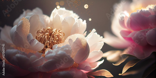 Panoramic Pastel Pink peony petals in spring garden, close up. banner. AI Generated