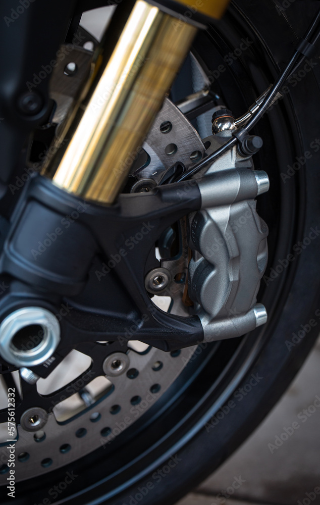metal motorcycle brake system close-up. motorcycle details