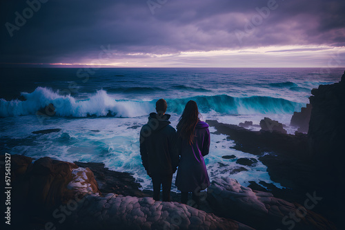 A couple stands on a cliff overlooking a vast ocean, with crashing waves below