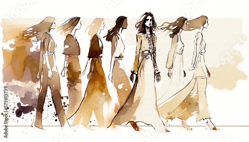 summer female fashion show  new collection  models walking at runway  people art. Generative AI
