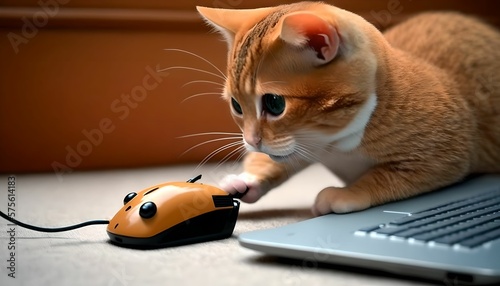 a cat plays with a computer mouse, generative ai