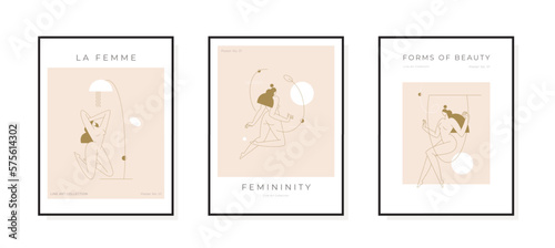 Modern posters set. Nude woman silhouette in abstract pose, female body, feminine boho graphic. Mid century, Contemporary, Femininity concept, prints collection for wall art decor. Vector illustration