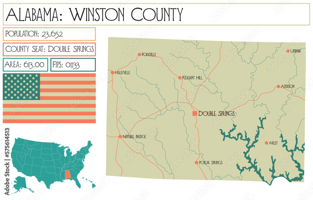 Large and detailed map of Winston county in Alabama, USA.
