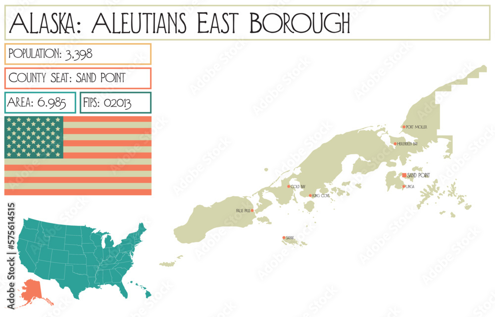 Obraz premium Large and detailed map of Aleutians East Borough in Alaska, USA.