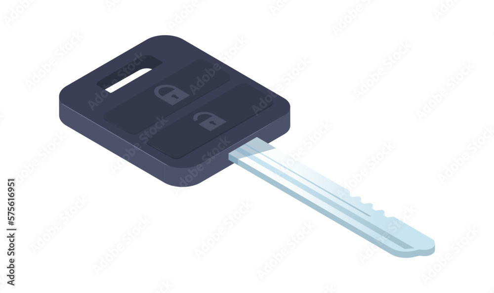 Car key with lock, unlock control. Realistic black metallic key with remote control button isolated on white background. Vehicle start engine device. Handle with hole of key ring. Vector illustration Car key with lock, unlock control. Realistic black metallic key with remote control button isolated on white background. Vehicle start engine device. Handle with hole of key ring. Vector illustration