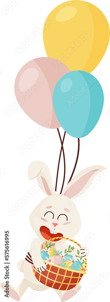 Bunny Character. Flying and Laughing on Three Balloons Funny, Happy Easter Cartoon Rabbit with Basket. PNG Bunny Character. Flying and Laughing on Three Balloons Funny, Happy Easter Cartoon Rabbit with Basket. PNG