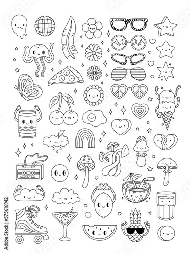 Positive, Groovy Hand drawn coloring page. Beautiful drawings with characters with blooming, flowers, smile, sunglasses, roller skate, cassette. Childhood 90s