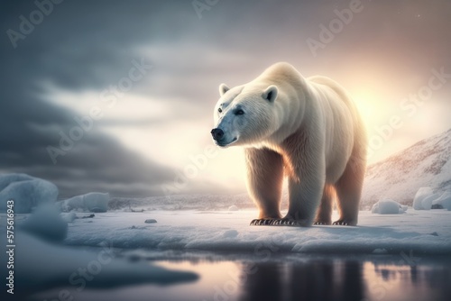 The Spectacular Sight of a Snowy White Polar Bear Trekking Through the Arctic Generative AI