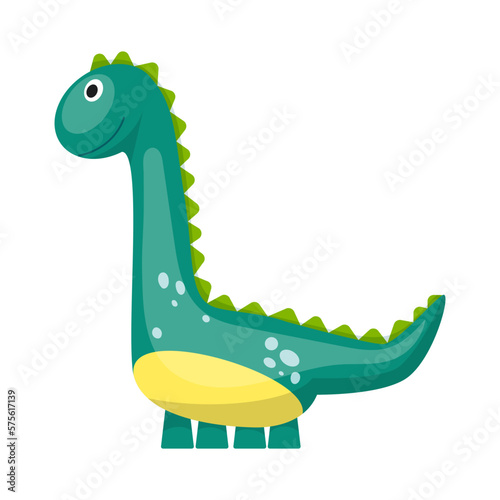 Green dinosaur toy. Funny gigantic jurassic park creature dino icon. Brachiosaurus body with long neck and kind or cute face. Childhood fantasy. Flat vector illustration isolated on white background