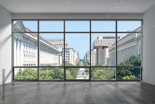 Empty room Interior View Cityscape Washington City Skyline Window background. Beautiful Real Estate. Day time. 3d rendering.