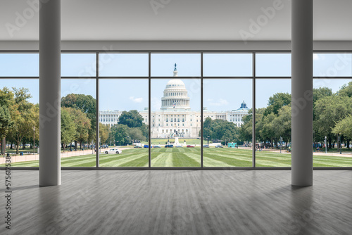 Empty room Interior View to Capitol Dome Cityscape Washington City Skyline Window background. Beautiful Real Estate. Day time. 3d rendering. © VideoFlow