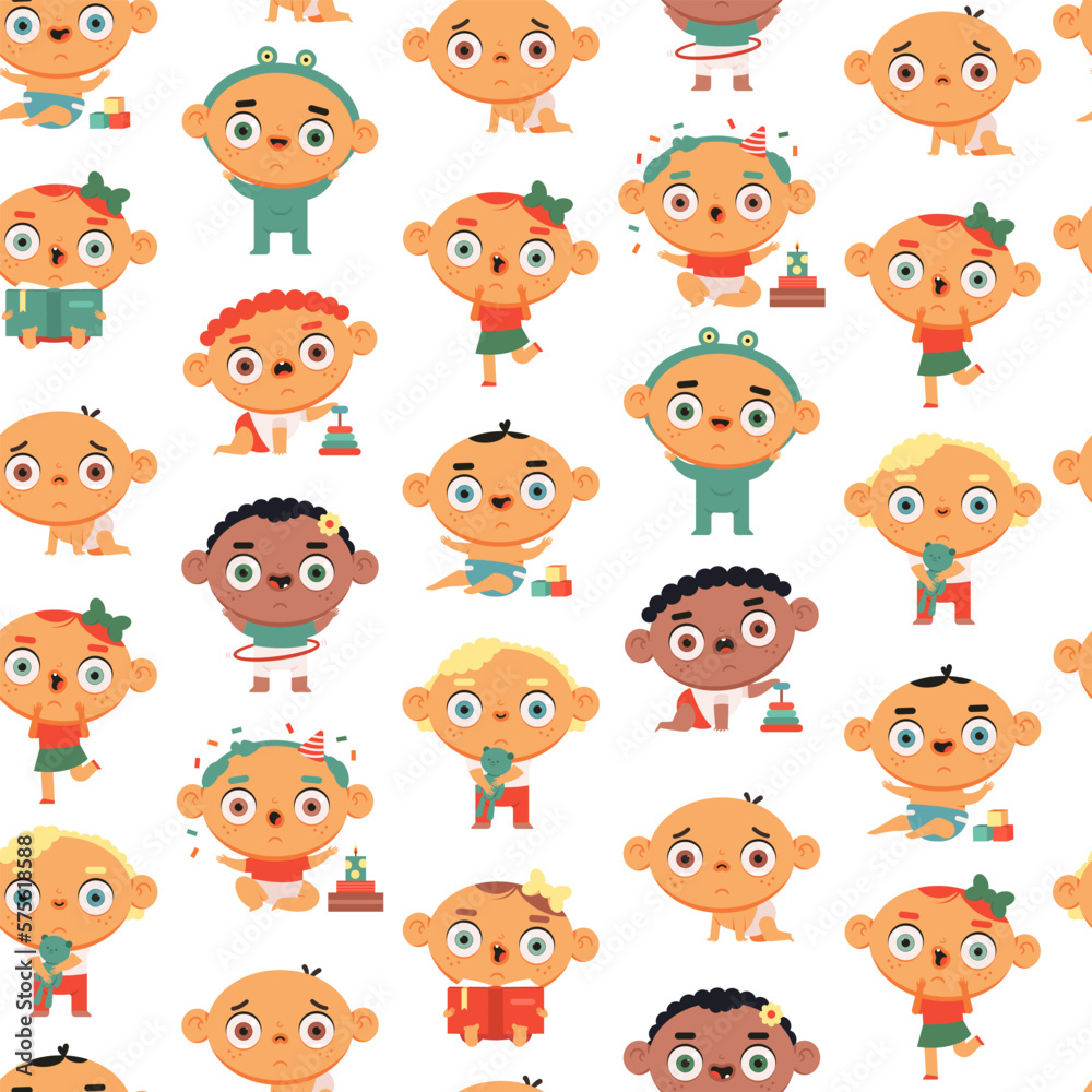 Cute baby vector cartoon seamless pattern on a white background. Cute baby vector cartoon seamless pattern on a white background.