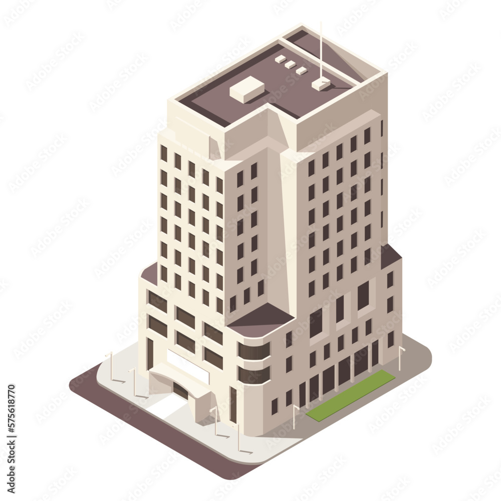 Isometric skyscraper building for map creating collection. Business office and commercial tower. City development in 3D design. Finance cityscape architecture, web street element. Vector illustration
