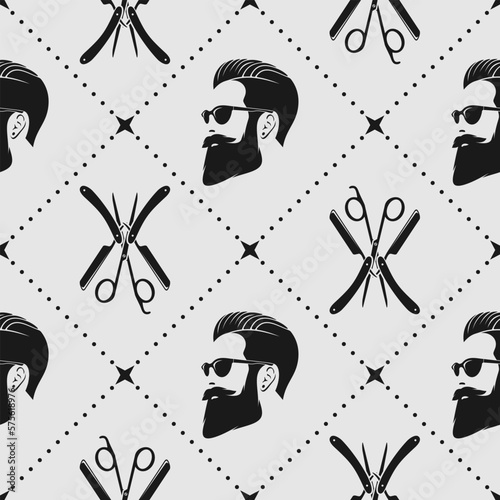 Barbershop seamless pattern with hipster face, hairdressing scissors and razor. Vector illustration	