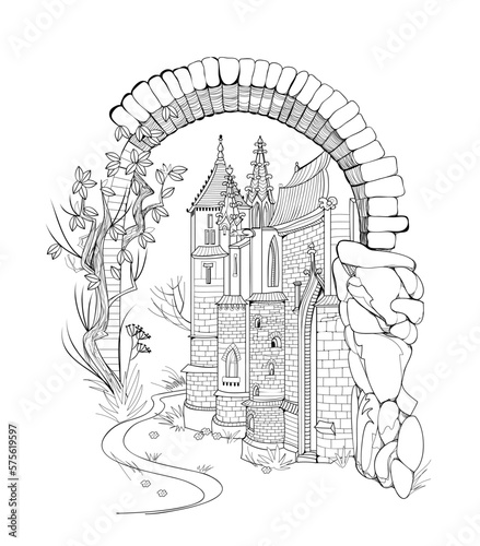 Illustration of ancient medieval castle. Fairyland kingdom. Black and white page for kids coloring book. Worksheet for drawing and meditation for children and adults. French architecture. Vector image
