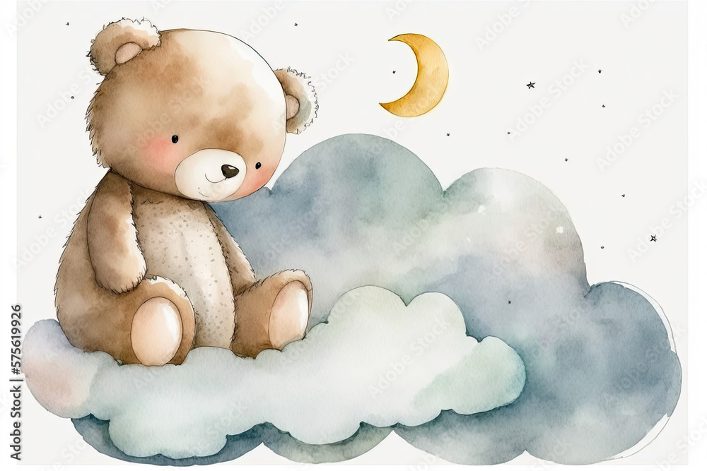 Cute watercolor hand drawn image of a cartoon bear on the moon and ...