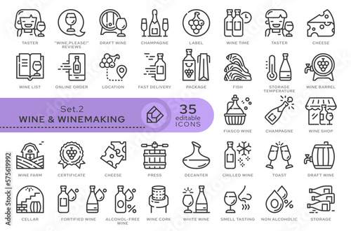 Set of conceptual icons. Vector icons in flat linear style for web sites, applications and other graphic resources. Set from the series - Wine and Winemaking. Editable outline icon.	
