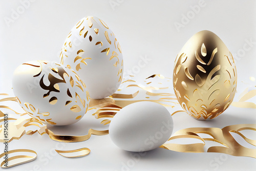 White eggs with gold decorations on a white background Generative ai