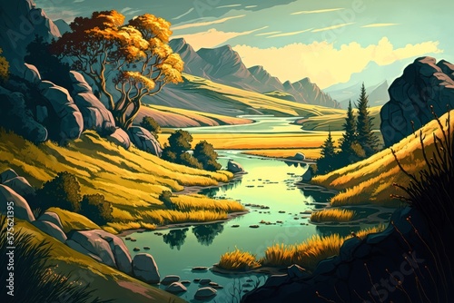 Fototapeta Digital art painting of The vast expanse of nature is on full display in this breathtaking landscape