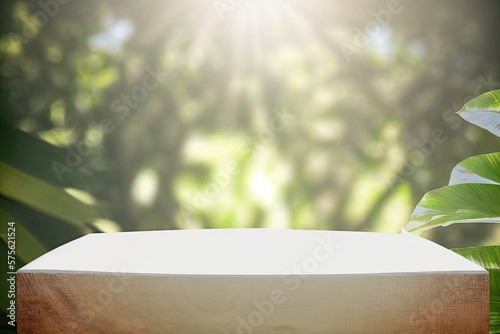 Overlay of a photorealistic background onto a product. Vacant oak wood table in bright sunshine surrounded by plants from the tropics, close shot. Natural elegance, an organic idea. Podium, Spa, Sunsc photo