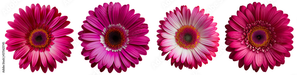 Assorted magenta gerbera flower heads isolated on transparent PNG background. Created with Generative AI.