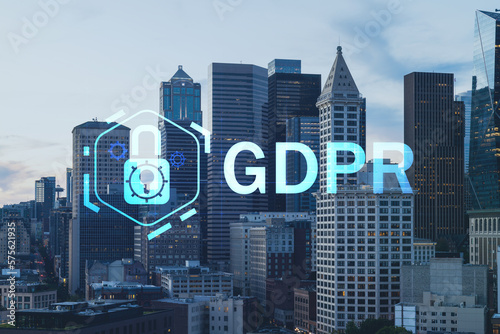 Seattle aerial skyline panorama of downtown at day time, Washington USA. GDPR hologram, concept of data protection regulation and privacy for all individuals