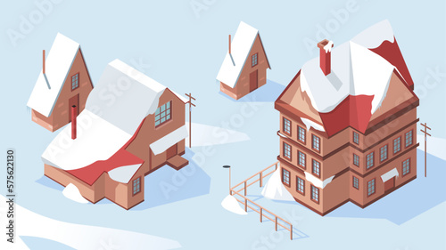 Winter houses and country cottage with roof covered with white snow. Snowy season in Alps ski resort village. Facade from red brick. Holidays weekend hotel December and January. Vector illustration