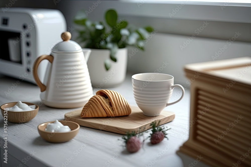 Fototapeta premium Tea and croissants in a modern kitchen; a cozy setting. The daily rituals of the morning. Ideas for homemade baked goods. On the backdrop, modern white furniture and greenery. Generative AI