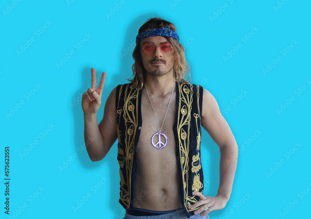 Hippy hippie guy on turquoise background created using Generative AI