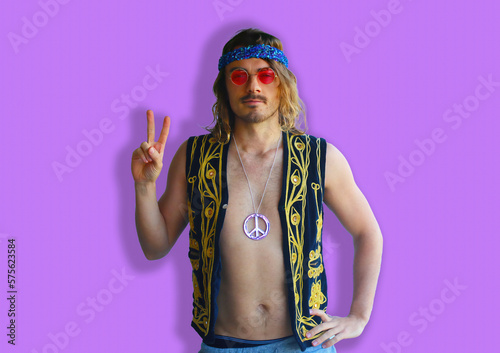 Obraz na płótnie A hippie hippy man on a purple background created using generative AI tools w salonie