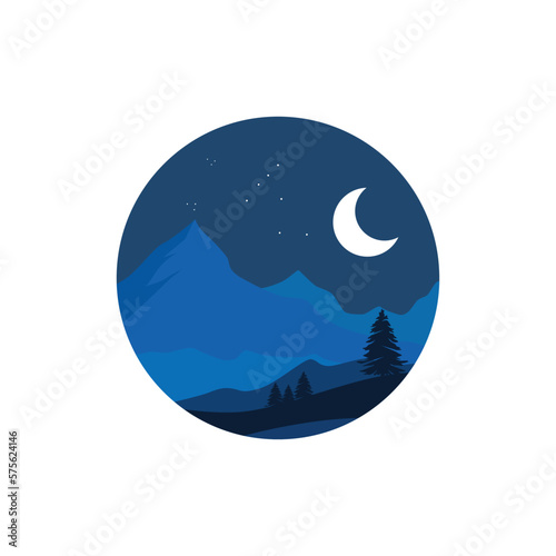 Circle shape of landscape art background vector with mountain, pine trees, stars and moonlight perfect for wallpaper for prints, art decoration or wall arts