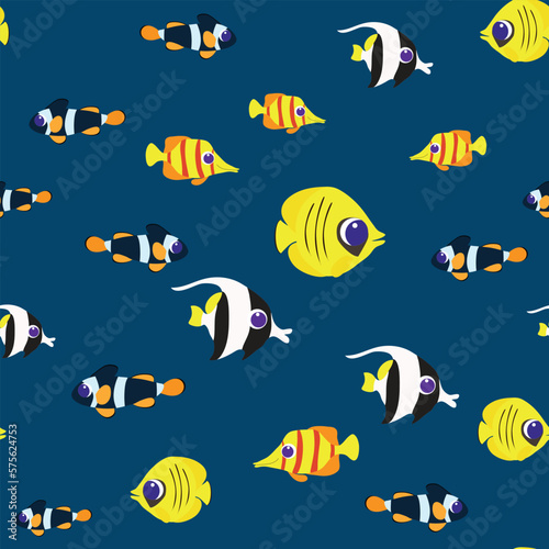 Tropical fish swim underwater. Pattern for textiles in cartoon style.
