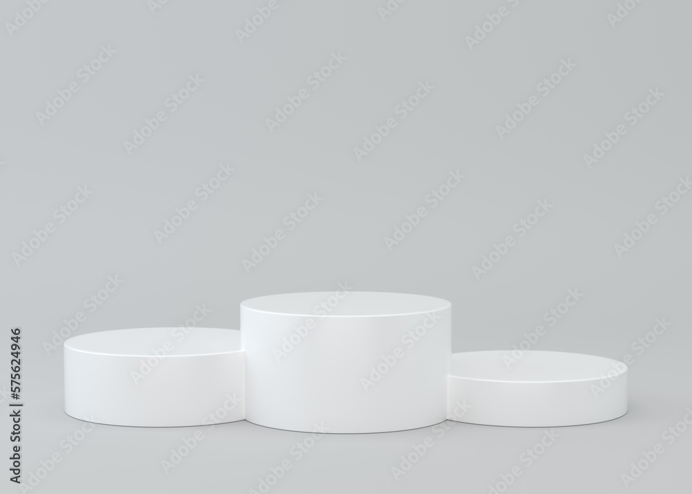 White realistic 3D cylinder steps pedestal podium. Abstract studio room with geometric platform design. Gray minimal scene for products showcase, Promotion display. White realistic 3D cylinder steps pedestal podium. Abstract studio room with geometric platform design. Gray minimal scene for products showcase, Promotion display.