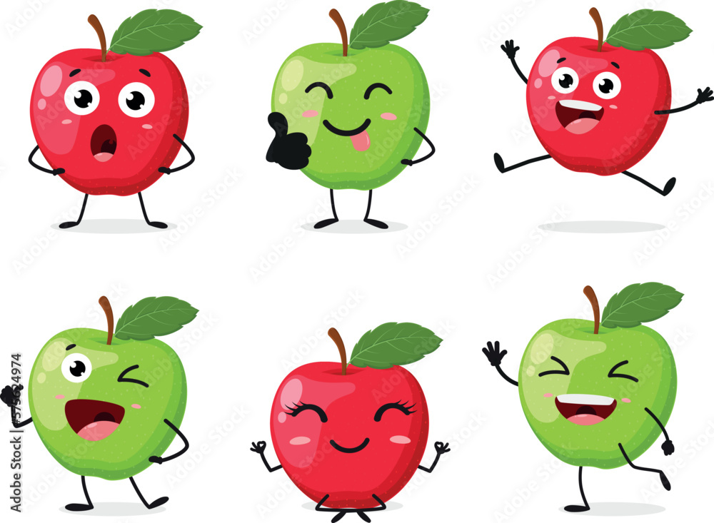 Cute red and green apple cartoon characters Cute red and green apple cartoon characters