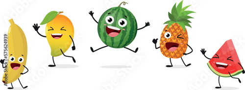 Happy watermelon, pineapple, mango, banana fruits cartoon characters © ROFIDOHTUL