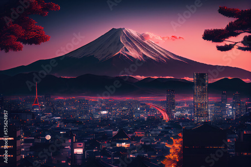 Retouch photo of Tokyo city at twilight with Mt Fuji on the background 
