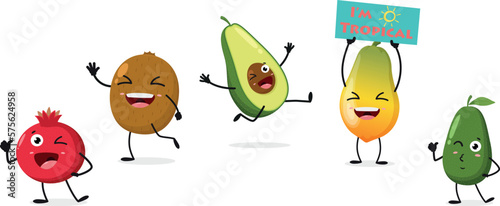 Cute tropical fruits cartoon characters