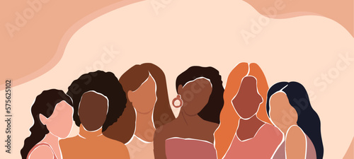 Abstract poster with different women. Beautiful females together force, hug. Vector graphics for postcards, flyers.