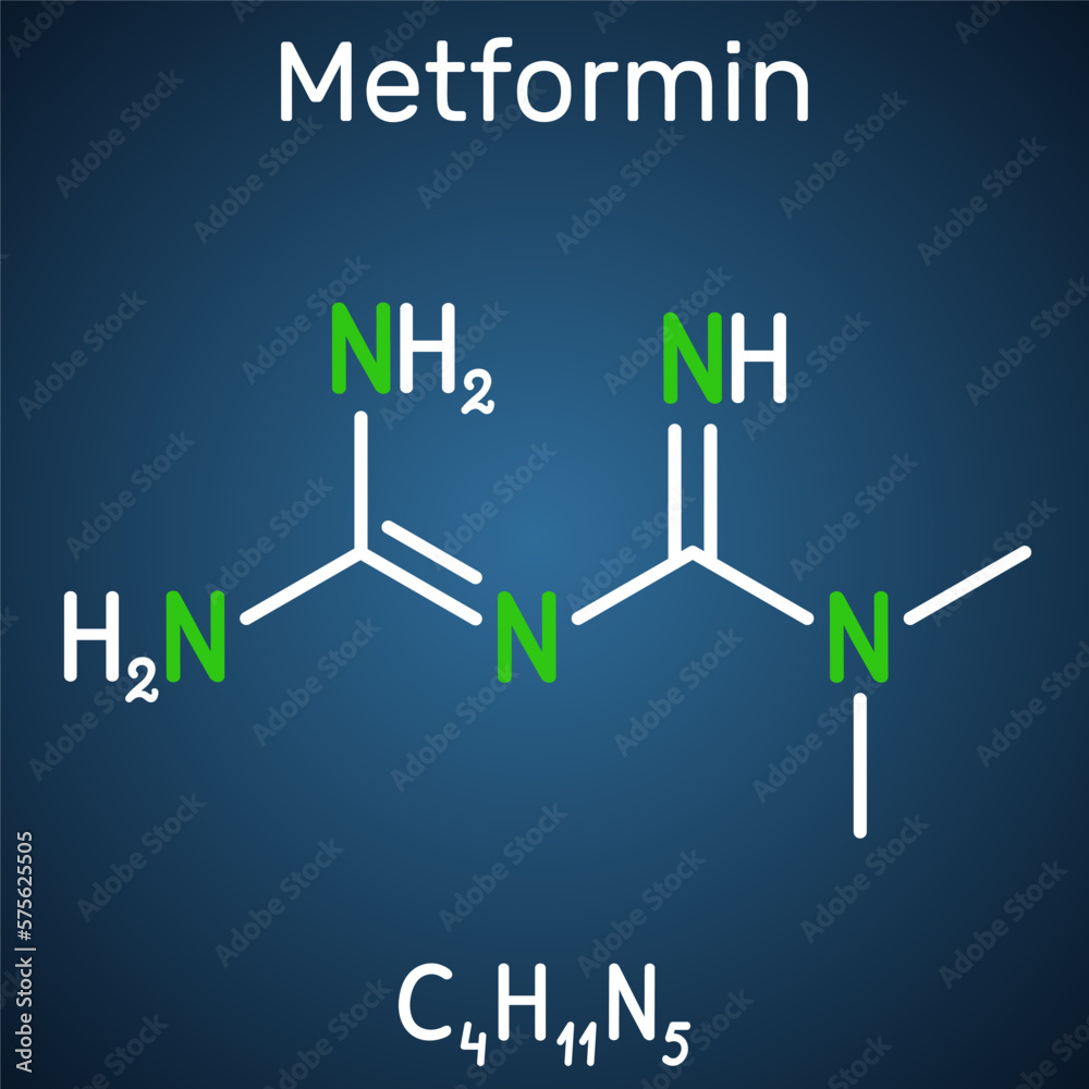 Metformin molecule. It is biguanide antihyperglycemic agent used in management of type II diabetes. Structural chemical formula on the dark blue background. Metformin molecule. It is biguanide antihyperglycemic agent used in management of type II diabetes. Structural chemical formula on the dark blue background.