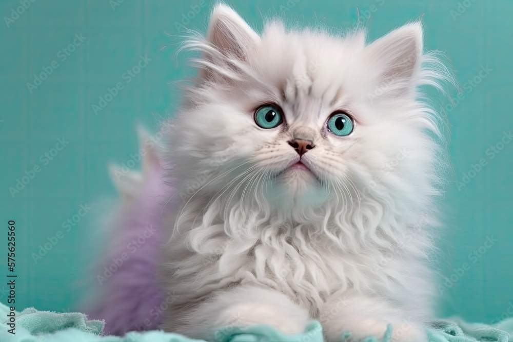 A two month old purebred female lilac kitten with a fluffy coat and a pretty muzzle poses in front of a turquoise background while giving the camera a wise look. Generative AI A two month old purebred female lilac kitten with a fluffy coat and a pretty muzzle poses in front of a turquoise background while giving the camera a wise look. Generative AI