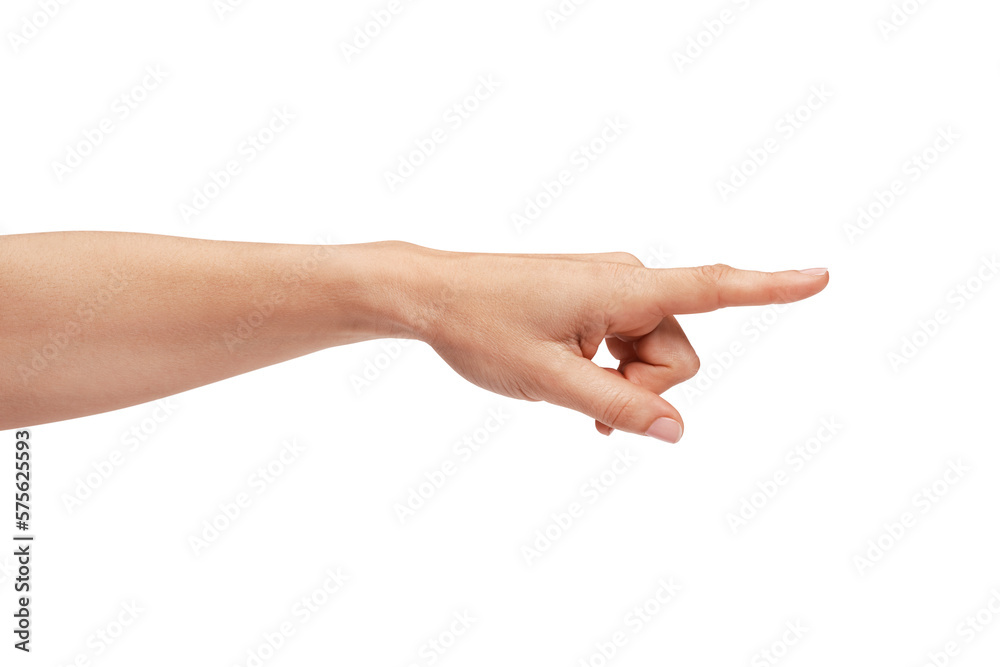 Woman's hand pointing to the right with the index finger. Woman's hand pointing to the right with the index finger.
