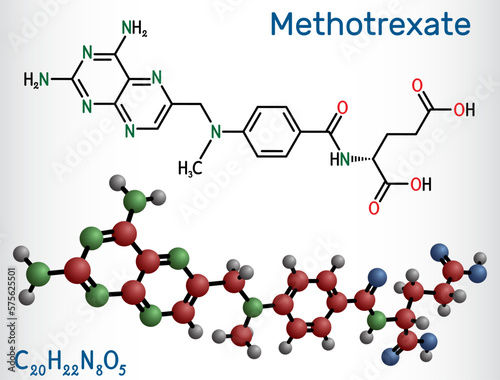 Methotrexate, MTX molecule. It is antineoplastic drug, used the treatment of  cancer, psoriasis, rheumatoid arthritis. Structural chemical formula, molecule model.
