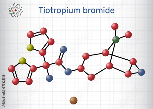 Tiotropium bromide molecule. Antimuscarinic bronchodilator used in the tratement of chronic obstructive pulmonary disease COPD. Structural chemical formula, molecule model. Sheet of paper in a cage
