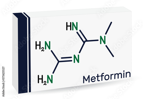 Metformin molecule. It is biguanide antihyperglycemic agent  used in management of type II diabetes. Skeletal chemical formula. Paper packaging for drugs