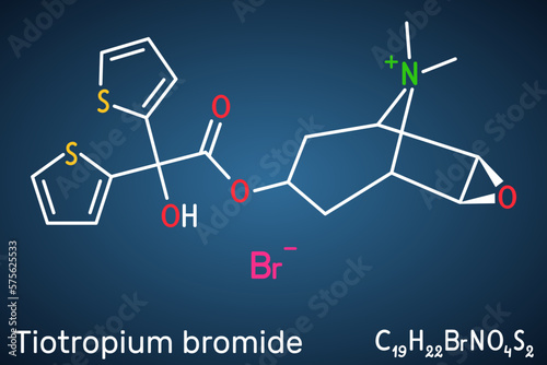 Tiotropium bromide molecule. Antimuscarinic bronchodilator used in the tratement of chronic obstructive pulmonary disease COPD, asthma. Structural chemical formula on the dark blue background.