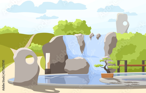 City park summer or spring time scenery landscape. Cityscape background, empty public place for walking and recreation with green trees, benches, fountains. Urban garden with pathway. Flat Vector