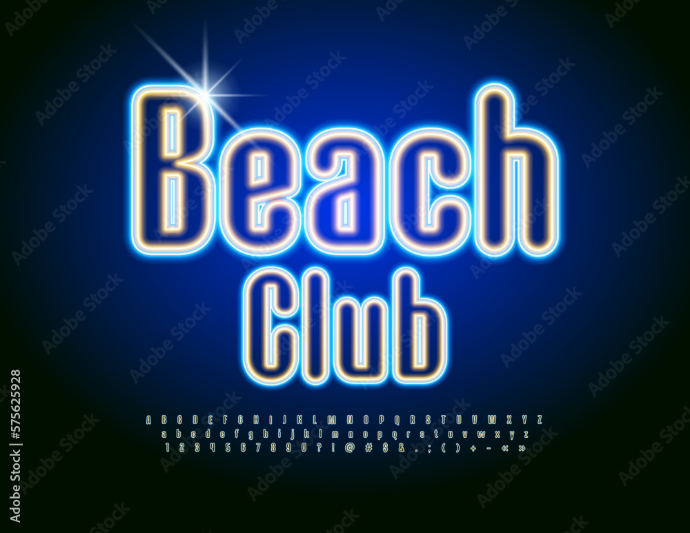 Vector glowing Sign Beach Club. Bright Neon Font. Modern Electric Alphabet Letters and Numbers set.